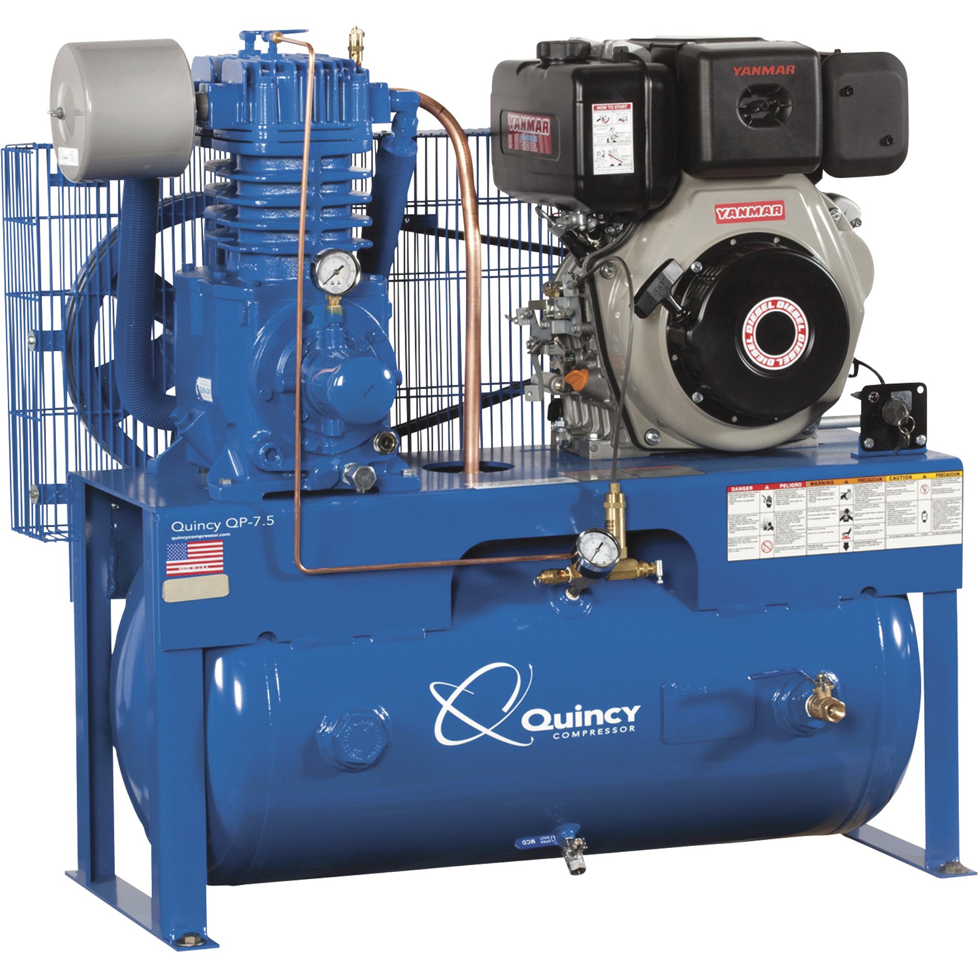 Quincy Pressure Lubricated Reciprocating Air Compressor — 7.5 HP Pump, 10 HP Yanmar Diesel Engine, 30-Gallon Horizontal, Model# D307Y30HCD